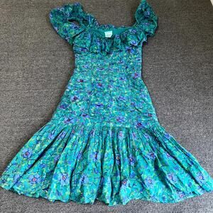 Vintage 80's Anokhi Ruffle Off-Shoulder Dress Women’s 8 Teal Green Floral Cotton